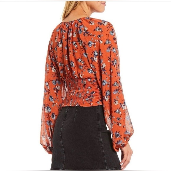 Free People Final Rose Floral Print Deep V-Neck Long Balloon Sleeve Ruched Top M - Picture 10 of 14